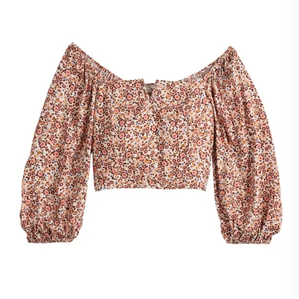 Juniors' SO Notched Front Balloon Sleeve Blouse Medium